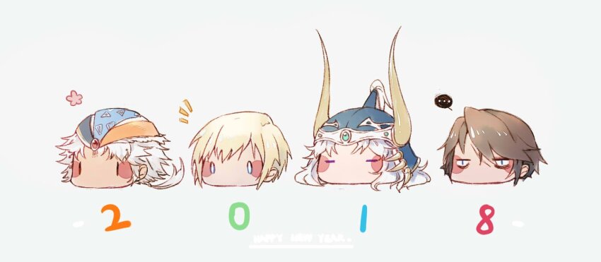 ... 4boys ace_(fft-0) bandana black_hair blonde_hair blue_eyes blue_helmet blush_stickers chibi chinese_commentary closed_eyes cropped_head dissidia_final_fantasy english_text fake_horns fermium.ice final_fantasy final_fantasy_i final_fantasy_ii final_fantasy_type-0 final_fantasy_viii firion forehead_jewel gem green_gemstone grey_background happy_new_year helmet horned_helmet horns jitome long_hair low_ponytail male_focus multiple_boys new_year notice_lines plume ponytail purple_eyes red_gemstone scar scar_on_face short_hair simple_background solid_oval_eyes speech_bubble spoken_flower squall_leonhart upper_body warrior_of_light_(ff1) white_hair