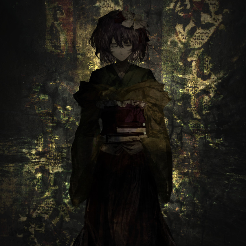 1girl absurdres black_eyes book book_stack closed_mouth feet_out_of_frame flower green_kimono hair_between_eyes hair_flower hair_ornament half-closed_eyes hieda_no_akyuu highres holding holding_book japanese_clothes kimono looking_down obi one_eye_closed purple_hair red_sash sash short_hair solo touhou white_flower xbsx
