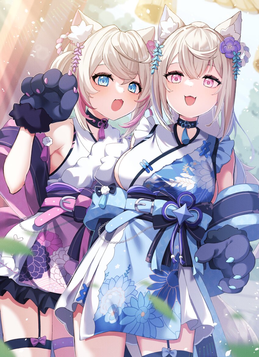 2girls absurdres animal_ear_fluff animal_ears animal_hands aqua_belt aqua_eyes aqua_hair belt black_choker blonde_hair blue_kimono blush breasts choker detached_sleeves dog_ears dog_girl floral_print flower fuwawa_abyssgard fuwawa_abyssgard_(new_year) garter_straps gloves hair_between_eyes hair_flower hair_ornament highres hololive hololive_english japanese_clothes kimono long_hair long_sleeves looking_at_viewer medium_breasts mococo_abyssgard mococo_abyssgard_(new_year) multicolored_hair multiple_girls official_alternate_costume official_alternate_hairstyle open_mouth paw_gloves pink_belt pink_eyes pink_hair pink_kimono siblings sisters sleeveless sleeveless_kimono smile tenmon_(tenmon0715) twins virtual_youtuber white_kimono