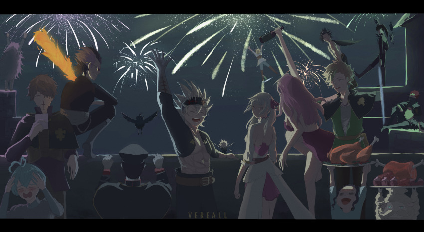 absurdres asta_(black_clover) backless_dress backless_outfit black_clover breasts charmy_pappitson dress finral_roulacase gordon_agrippa grey_(black_clover) happy_new_year highres large_breasts long_hair new_year noelle_silva pink_hair purple_eyes secre_swallowtail silver_hair twintails vanessa_enoteca yami_sukehiro