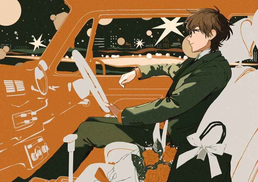 1boy black_eyes blurry bokeh bouquet brown_hair car_interior city_lights depth_of_field driving flower formal_clothes gift_bag glasses green_suit jewelry keishin male_focus night night_sky original ring short_hair sitting sky solo suit
