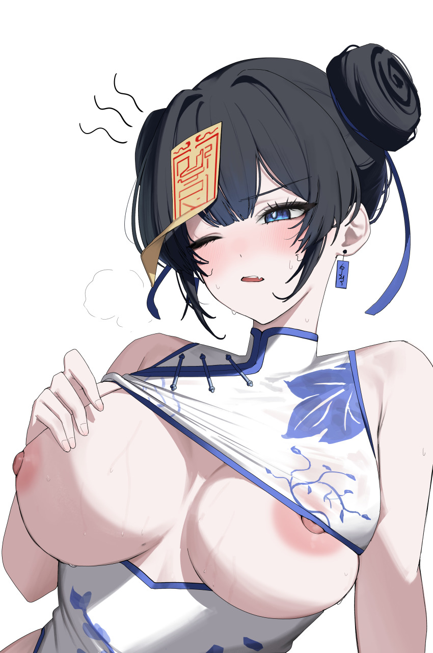 1girl absurdres black_hair blue_eyes breasts china_dress chinese_clothes double_bun dress earrings floral_print_dress hair_bun highres jewelry large_breasts minox2n nipple_slip nipples ofuda ofuda_on_head one_eye_closed open_mouth original print_dress short_hair simple_background solo upper_body white_background white_dress