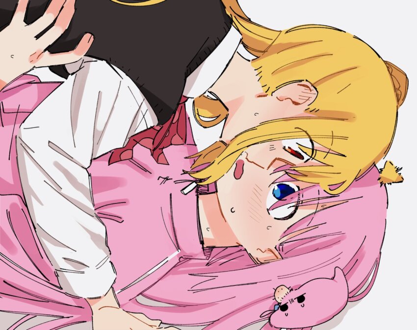 2girls ahoge black_sweater_vest blonde_hair blue_eyes blush bocchi_the_rock! bow bowtie commentary d3g_takahashi gotoh_hitori gotoh_hitori_(tsuchinoko) ijichi_nijika jacket long_hair multiple_girls open_mouth pink_hair pink_jacket purple_background red_bow red_bowtie red_eyes school_uniform shimokitazawa_high_school_uniform shirt side_ponytail simple_background sweater_vest white_shirt yuri