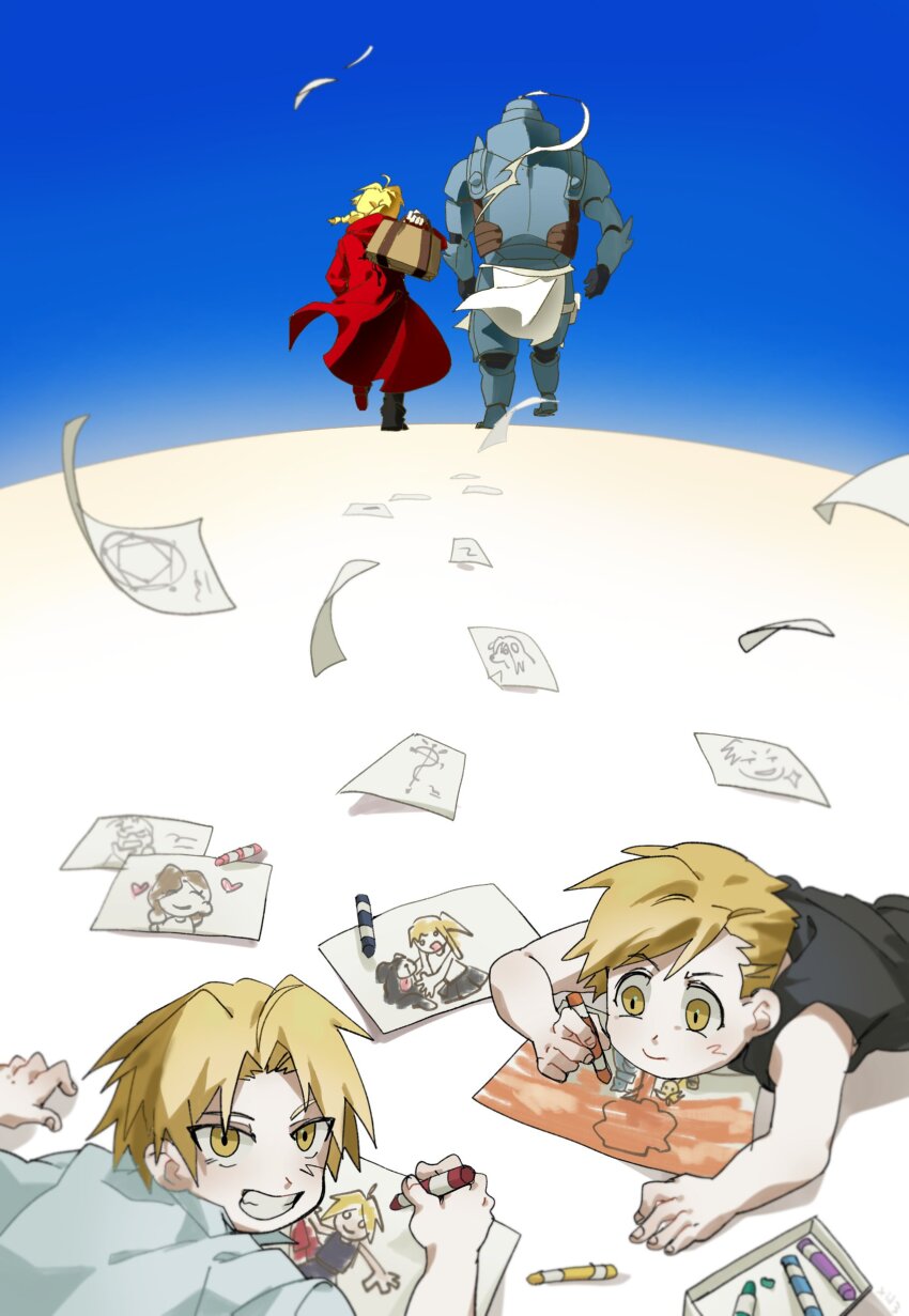 2boys absurdres age_progression ahoge alphonse_elric armor bag bare_arms black_shirt black_tank_top blonde_hair blue_sky braid brothers child child&#039;s_drawing coat collarbone crayon drawing_(object) edward_elric full_armor fullmetal_alchemist grin highres holding holding_bag holding_crayon light_blush long_hair lying male_focus multiple_boys o21371xc on_stomach parted_bangs red_coat shirt short_hair siblings single_braid sky sleeveless sleeveless_shirt smile swept_bangs tank_top teeth trisha_elric white_shirt winry_rockbell yellow_eyes