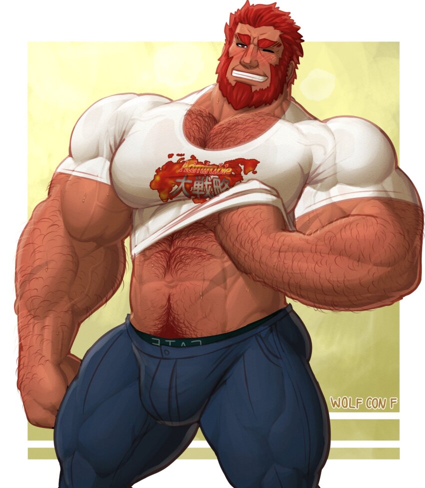 1boy abs artist_name bara beard blush bulge clothes_lift denim f_con facial_hair fate/grand_order fate/zero fate_(series) hairy highres iskandar_(fate) jeans looking_at_viewer male_focus manly mature_male muscular muscular_arms muscular_legs muscular_male nose_blush one_eye_closed pants red_eyes red_facial_hair red_hair shirt shirt_lift short_hair signature simple_background smirk solo spiked_hair sweat sweatdrop teeth thick_eyebrows thighs tight_clothes veins very_hairy