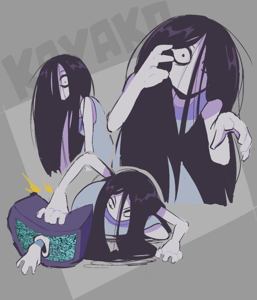 2024 2girls adjusting_hair bags_under_eyes blue_background character_name claw_pose commentary constricted_pupils crossover crushing english_commentary female_focus hair_between_eyes highres kneeling long_hair multiple_girls multiple_views no_mouth outstretched_arm pale_skin reaching saeki_kayako shammah shirt simple_background sleeveless sleeveless_shirt static television the_grudge the_ring yamamura_sadako