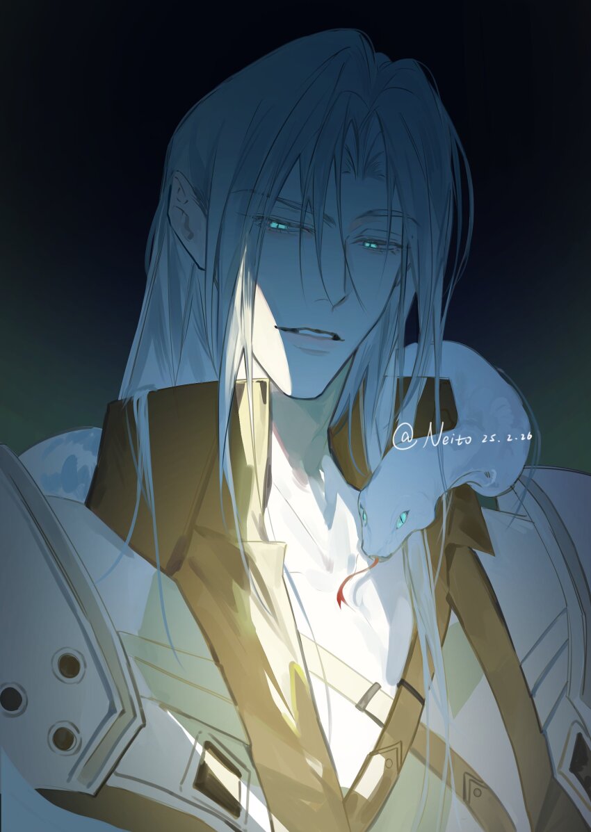 1boy absurdres animal armor black_coat black_straps chest_strap coat commentary curtained_hair final_fantasy final_fantasy_vii final_fantasy_vii_remake forked_tongue green_eyes hashtag-only_commentary highres long_hair looking_down male_focus parted_lips pauldrons popped_collar sephiroth shoulder_armor slit_pupils snake solo teeth tongue upper_body white_snake yingqian1010