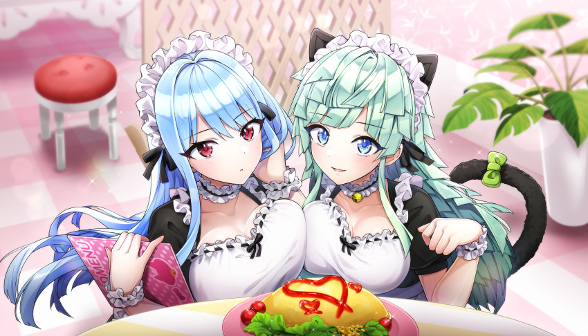 2girls alternate_costume animal_ears apron asymmetrical_docking blue_eyes blue_hair bow breast_press breasts cherry_tomato choker cleavage dolphin_wave dress enmaided fake_animal_ears fake_tail food food_writing frilled_apron frilled_choker frills game_cg green_hair highres ketchup kishimen_hair large_breasts long_hair looking_at_viewer maid maid_apron maid_headdress medium_breasts moe_moe_kyun! multiple_girls nayuki_hiori non-web_source official_art omelet omurice ootomo_takuji paw_pose plate puffy_short_sleeves puffy_sleeves red_eyes selena_lewis short_sleeves tail tail_bow tail_ornament tomato