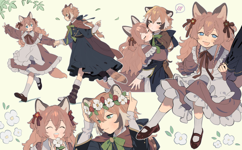 1boy 1girl animal_ears borrowed_character braided_sidelocks brown_dress brown_hair commission couple double-parted_bangs dress falling_leaves head_wreath hetero highres hug leaf miyage_no_nukegara multiple_views original ponytail rattail second-party_source skeb_commission tail