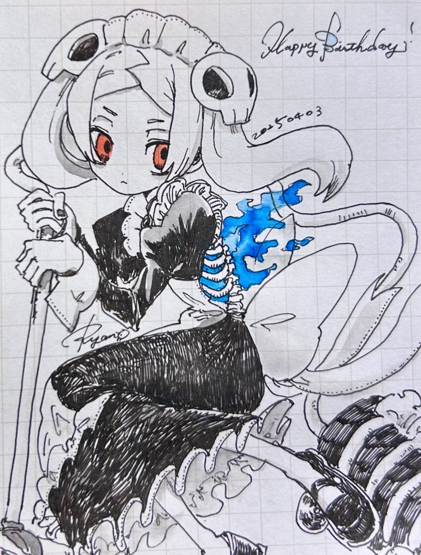 1girl apron birthday black_nails bloody_marie_(skullgirls) brooch dress energy fire frilled_apron frilled_dress frills grid_background hair_ornament highres jewelry juliet_sleeves long_sleeves looking_to_the_side maid_headdress nail_polish puffy_sleeves red_eyes ribs ryantoruhuhu skeleton skull_hair_ornament skullgirls solo traditional_media twintails vacuum_cleaner