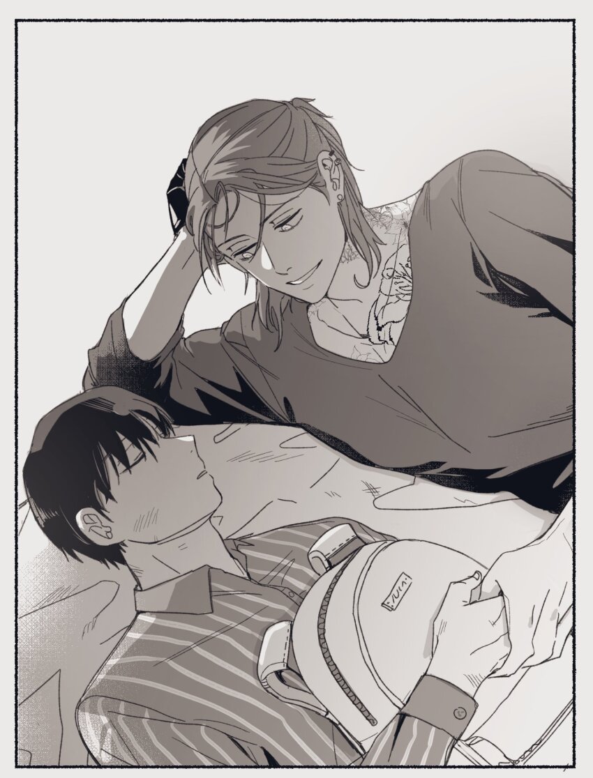 2boys backpack bag closed_eyes collared_shirt commentary_request ear_piercing eoduun_badaui_deungbul-i_doeeo grey_background greyscale head_rest highres holding holding_bag holding_hands kim_jaehee korean_commentary long_sleeves looking_at_another lying male_focus monochrome multiple_boys neck_tattoo on_back on_side park_moo-hyun parted_lips piercing prosthetic_fingers sharks_line2 shirt short_hair simple_background smile striped_clothes striped_shirt tattoo textless_version vertical-striped_clothes vertical-striped_shirt