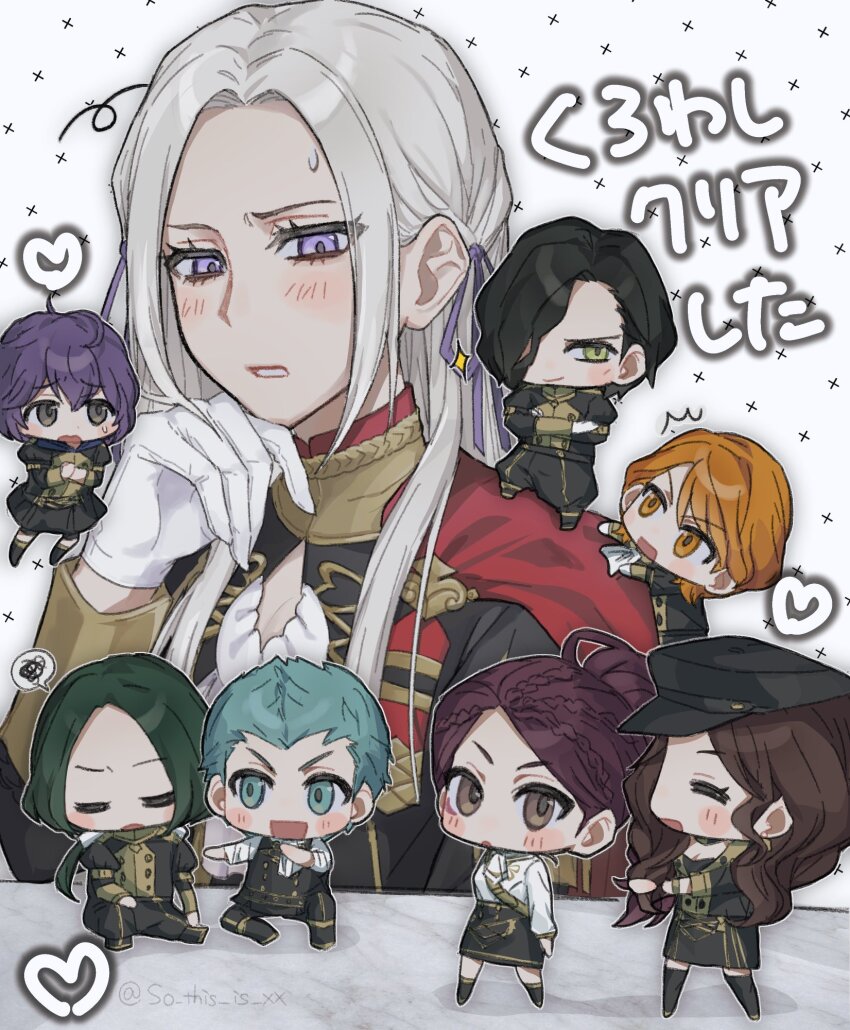 4boys 4girls bernadetta_von_varley black_hair black_hat black_skirt blue_eyes blue_hair blush brown_eyes cabbie_hat cape caspar_von_bergliez chibi closed_eyes commentary_request dorothea_arnault edelgard_von_hresvelg ferdinand_von_aegir fire_emblem fire_emblem:_three_houses garreg_mach_monastery_uniform gloves green_hair hair_over_one_eye hair_ribbon hat highres hubert_von_vestra linhardt_von_hevring long_hair long_sleeves multiple_boys multiple_girls nintendo one_eye_covered orange_eyes orange_hair petra_macneary ponytail purple_eyes purple_hair purple_ribbon red_cape ribbon shirt short_hair size_difference skirt so_this_is_xx white_background white_gloves white_hair white_shirt yellow_eyes