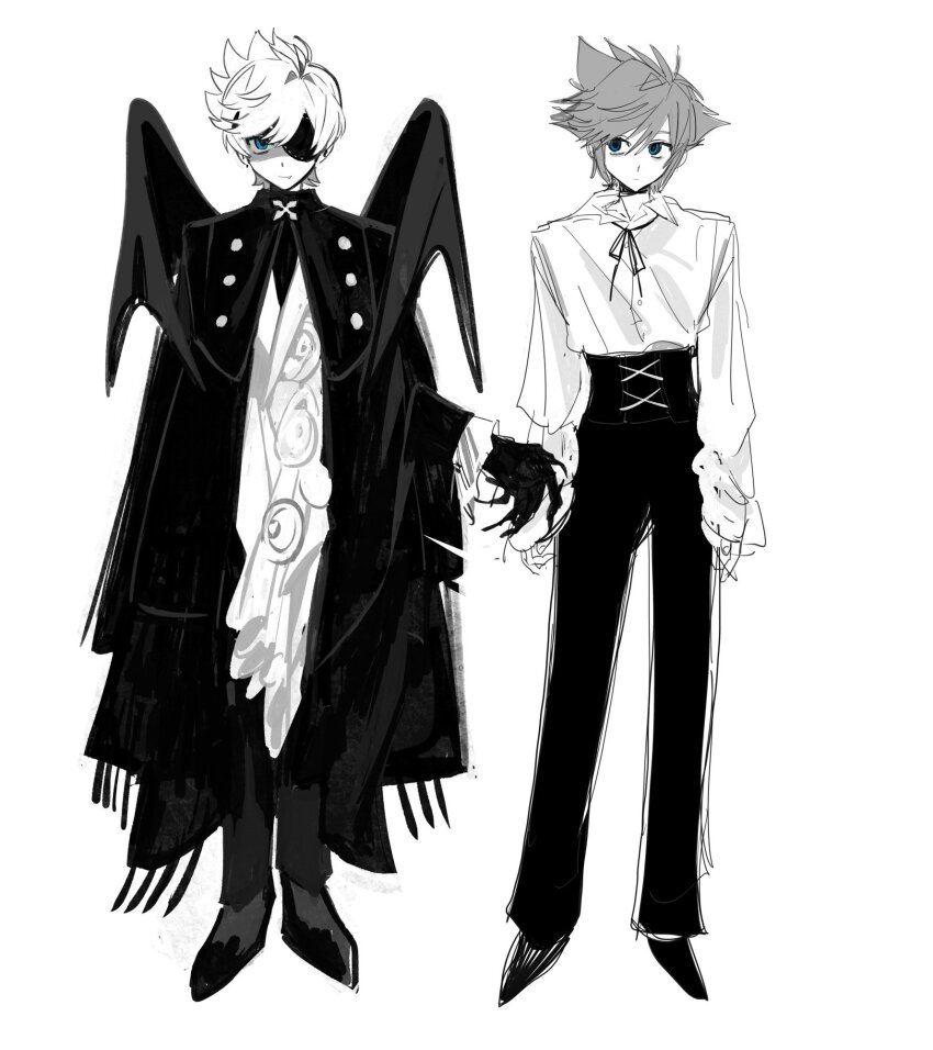 2boys alternate_costume bat_wings blouse blue_eyes cape chinese_commentary claws commentary_request corset expressionless eyepatch fang frilled_sleeves frills full_body greyscale hat_babo highres kingdom_hearts long_sleeves looking_at_viewer male_focus monochrome monster_boy multiple_boys neck_ribbon pants puffy_long_sleeves puffy_sleeves ribbon roxas shirt shoes short_hair sora_(kingdom_hearts) spiked_hair spot_color standing white_background wings