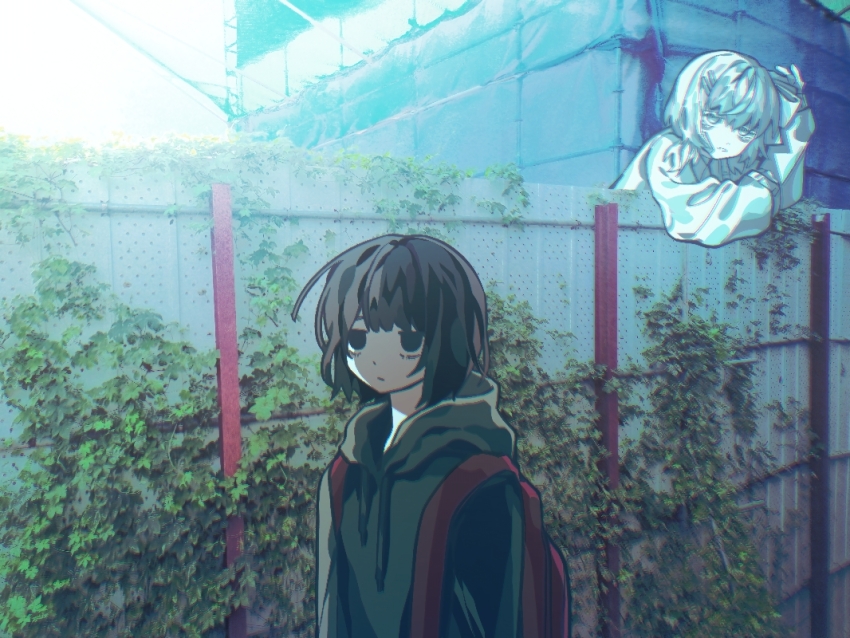 2girls backpack bag brown_hair closed_mouth colored_skin commentary drawstring expressionless fence hood hood_down hoodie ivy multiple_girls original outdoors photo_background shirt short_hair standing symbol-only_commentary upper_body white_hair white_shirt white_skin zer0h