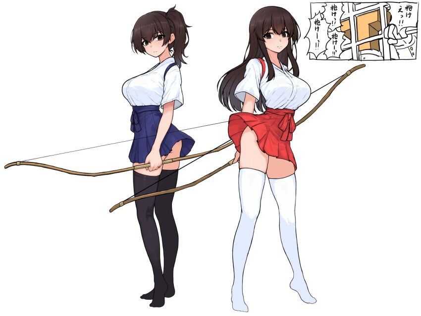 2girls akagi_(kancolle) black_eyes black_thighhighs blue_hakama bow_(weapon) breasts brown_hair hakama hakama_short_skirt hakama_skirt highres holding holding_bow_(weapon) holding_weapon japanese_clothes kaga_(kancolle) kantai_collection kinakomochi_(testament05) large_breasts long_hair multiple_girls red_hakama short_sidetail skirt speech_bubble standing t-head_admiral tasuki thighhighs translation_request very_long_hair weapon white_thighhighs yumi_(bow)
