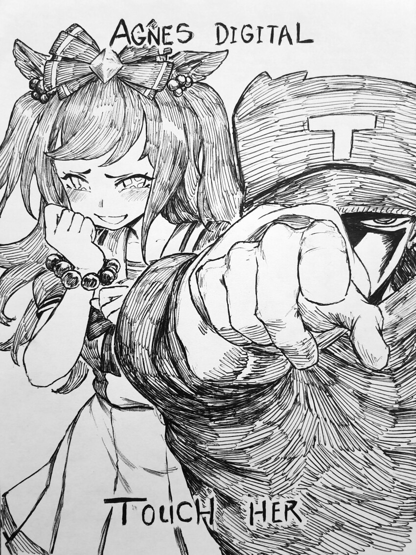 1boy 1girl absurdres agnes_digital_(umamusume) bead_bracelet beads bow bracelet chronozbergh english_text greyscale hair_bow hatching_(texture) highres jewelry monochrome one_eye_covered partially_shaded_face pointing pointing_at_viewer school_uniform sparkling_eyes tracen_school_uniform traditional_media trainer_(umamusume) umamusume