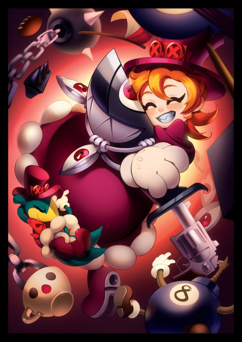 1girl avery_(skullgirls) blush chain closed_eyes cup cyborg dress frilled_dress frills full_body george_the_bomb gloves grin gun handgun hat hug knife luxey_san medium_hair orange_hair peacock_(skullgirls) red_background revolver sharp_teeth shoes skullgirls smile solo spiked_ball teacup teeth top_hat weapon