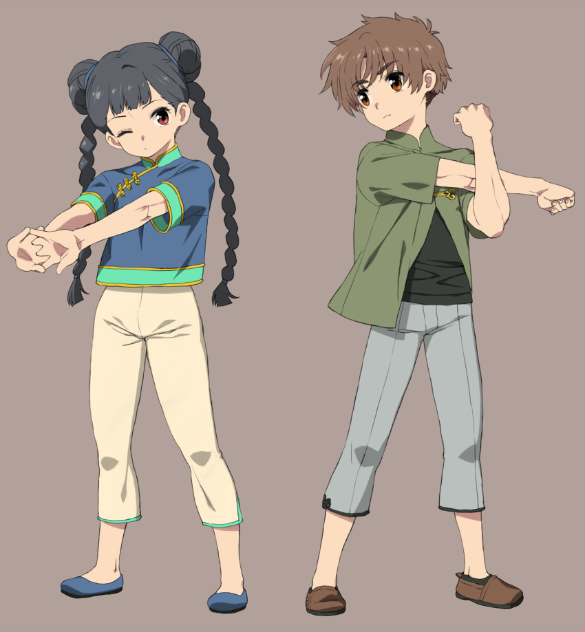 1boy 1girl black_hair braid brown_hair cardcaptor_sakura chinese_clothes commentary_request double_bun flats full_body hair_bun highres jacket li_meiling li_syaoran long_hair looking_at_another looking_at_viewer orange_eyes red_eyes simple_background stretching twin_braids wakaho_riku