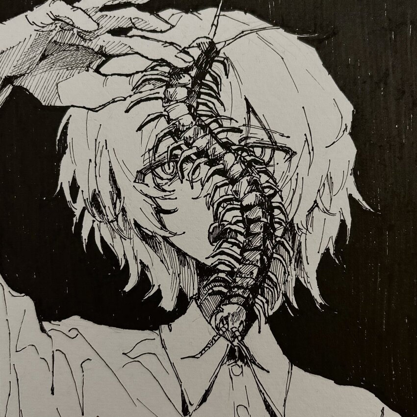 1other androgynous animal black_background bug centipede collared_shirt eyes_visible_through_hair hatching_(texture) highres holding holding_animal monochrome open_mouth original other_focus portrait shirt short_hair solo tareme traditional_media upper_body xyz_0dr