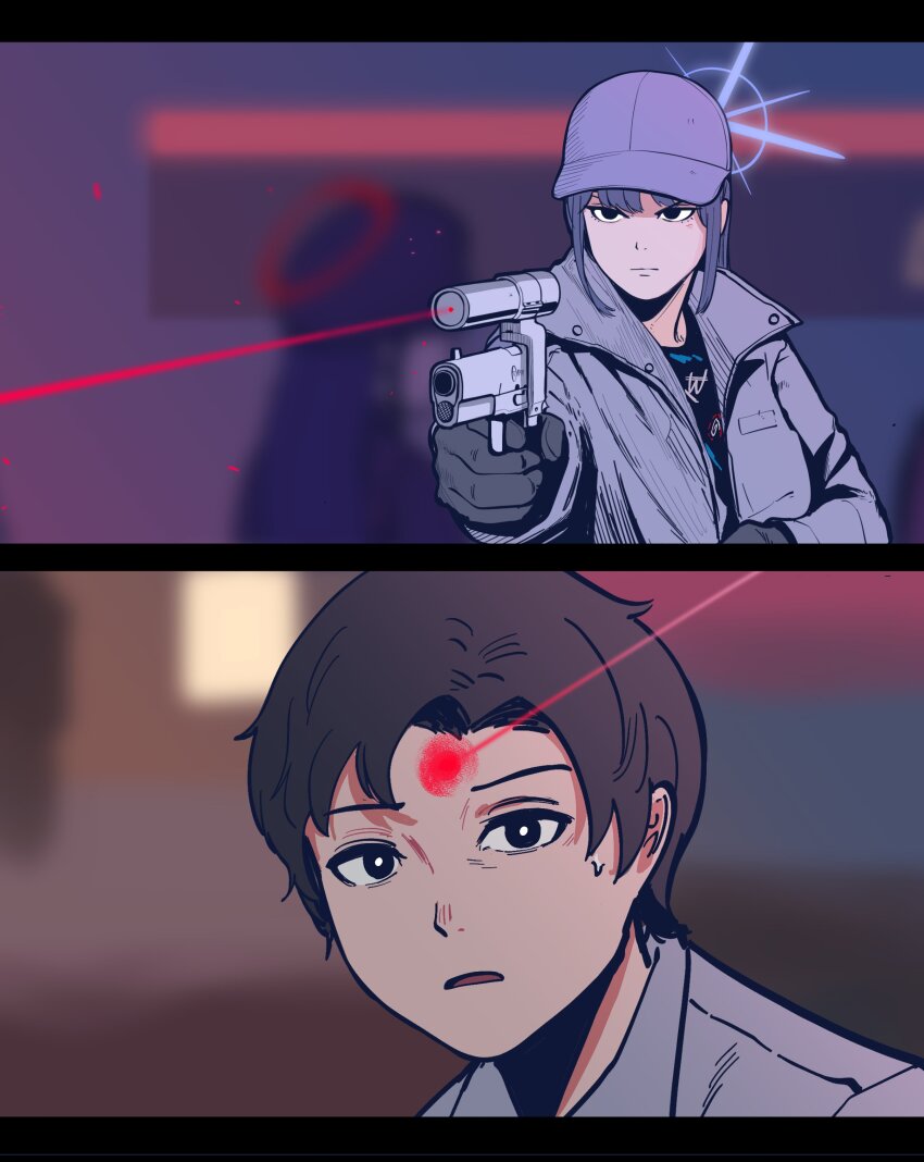 1boy 1girl absurdres amt_hardballer amt_hardballer_longslide baseball_cap black_gloves black_hair blue_archive blue_eyes blue_hair coat commentary gloves grey_coat gun halo handgun hat highres holding holding_gun holding_weapon laser laser_pointer_projection laser_sight long_hair m1911 overcoat parabellum saori_(blue_archive) sensei_(blue_archive) sensei_(blue_archive_the_animation) short_hair terminator_(series) the_terminator weapon