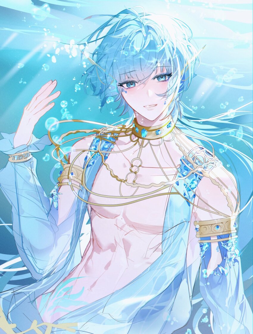 1boy air_bubble blue_eyeliner blue_eyes blue_gemstone blue_hair blue_scales blue_theme bubble caustics crossed_bangs detached_sleeves eyeliner fins frilled_sleeves frills gem gold_choker gold_necklace hair_between_eyes hand_up head_fins highres hip_tattoo jewelry kyou_tayaoi long_hair long_sleeves looking_at_viewer makeup male_focus necklace no_shirt noctilucent:_before_dawn parted_lips pectorals see-through_clothes see-through_sleeves smile solo stole underwater upper_body yve_(noctilucent)