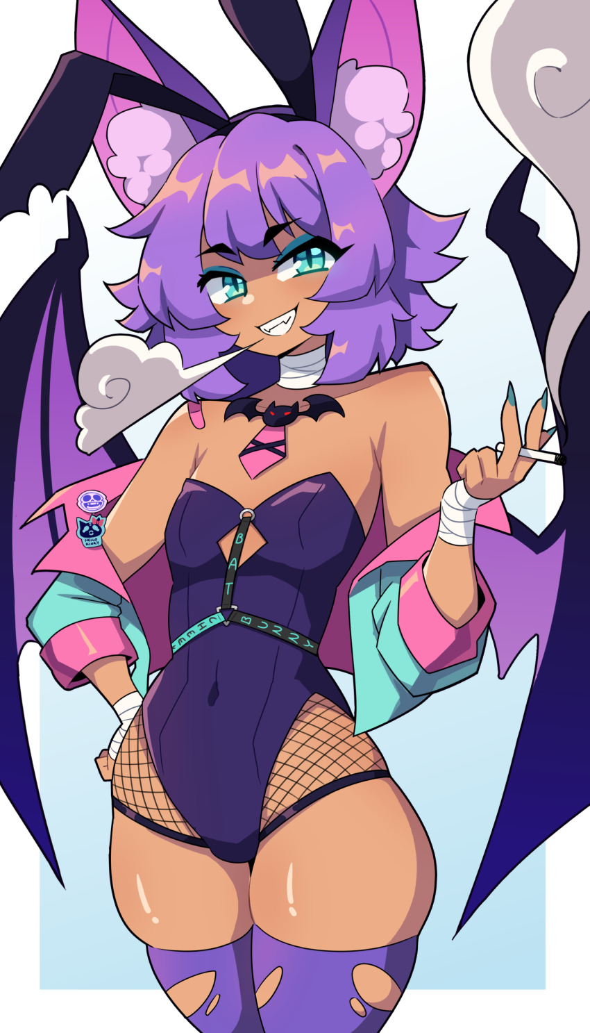 1girl absurdres animal_ear_fluff animal_ears aqua_eyes aqua_eyeshadow aqua_jacket aqua_nails bandaged_neck bandaged_wrist bandages bandaid bandaid_on_shoulder bat_ears bat_girl bat_wings black_leotard blue_background border cigarette daigada dark-skinned_female dark_skin eyeshadow flat_chest hand_on_own_hip highres holding holding_cigarette jacket leotard looking_at_viewer makeup necktie original pantyhose pink_necktie pink_trim purple_hair purple_pantyhose sharp_teeth short_hair sidelocks smile smoke smoking solo strapless strapless_leotard teeth thick_thighs thighs torn_clothes torn_pantyhose white_background white_border wings