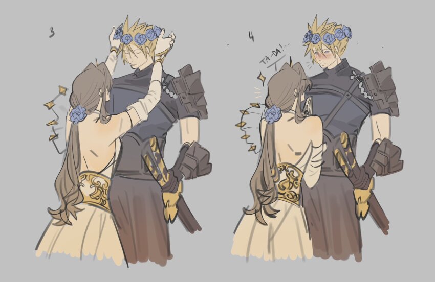 1boy 1girl aerith_gainsborough aerith_gainsborough_(prism_dress) armor backless_dress backless_outfit black_gloves blonde_hair blue_flower blue_rose blush brown_hair closed_eyes cloud_strife cloud_strife_(murasame) detached_sleeves dress final_fantasy final_fantasy_vii final_fantasy_vii_ever_crisis flower gloves gold_trim grey_background hair_between_eyes hair_flower hair_ornament head_wreath hetero highres japanese_armor japanese_clothes long_hair looking_at_another low_ponytail mmmckayyy multiple_swords official_alternate_costume parted_bangs ponytail rose short_hair shoulder_armor sidelocks single_bare_shoulder single_shoulder_pad spiked_hair tiara upper_body white_dress white_sleeves