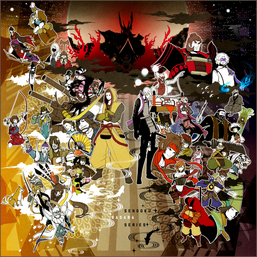 6+boys 6+girls absolutely_everyone akechi_mitsuhide_(sengoku_basara) armor arrow_(projectile) axe azai_nagamasa azai_nagamasa_(sengoku_basara) bad_id bad_pixiv_id bird black_hair blood brown_hair character_request chosokabe_motochika_(sengoku_basara) cup date_masamune_(sengoku_basara) dog everyone eyebrows eyepatch feathers fish folding_fan fox fuuma_kotarou fuuma_kotarou_(sengoku_basara) grey_hair hair_over_eyes hand_fan hat heart helmet highres hiko_(lg612) hiko_(scape) hojo_ujimasa honda_tadakatsu honda_tadakatsu_(sengoku_basara) honganji_kennyo hood hoodie houjou_ujimasa_(sengoku_basara) imagawa_yoshimoto ishida_mitsunari ishida_mitsunari_(sengoku_basara) itsuki_(sengoku_basara) japanese_clothes jumping kasuga kasuga_(sengoku_basara) katakura_kojuurou katana kimono kobayakawa_hideaki kotarou_fuuma kuroda_kanbei long_hair maeda_keiji maeda_keiji_(sengoku_basara) maeda_toshiie maeda_toshiie_(sengoku_basara) matsu_(sengoku_basara) matsunaga_hisahide miyamoto_musashi mogami_yoshiaki_(sengoku_basara) mori_motonari mori_ranmaru mouri_motonari multiple_boys multiple_girls naoe_kanetsugu nouhime nouhime_(sengoku_basara) oda_nobunaga oda_nobunaga_(sengoku_basara) oichi oichi_(sengoku_basara) otani_yoshitsugu otomo_sorin ponytail red_eyes red_hair saika_magoichi_(sengoku_basara) sanada_yukimura_(sengoku_basara) sarutobi_sasuke sarutobi_sasuke_(sengoku_basara) seagull sengoku_basara sengoku_basara_3 shimazu_yoshihiro short_hair sparkle star_(symbol) sword tachibana_muneshige takeda_shingen takenaka_hanbee_(sengoku_basara) tears tenkai_(sengoku_basara) tiger tokugawa_ieyasu tokugawa_ieyasu_(sengoku_basara) toyotomi_hideyoshi_(sengoku_basara) tsuruhime uesugi_kenshin uesugi_kenshin_(sengoku_basara) very_long_hair weapon white_hair zabii