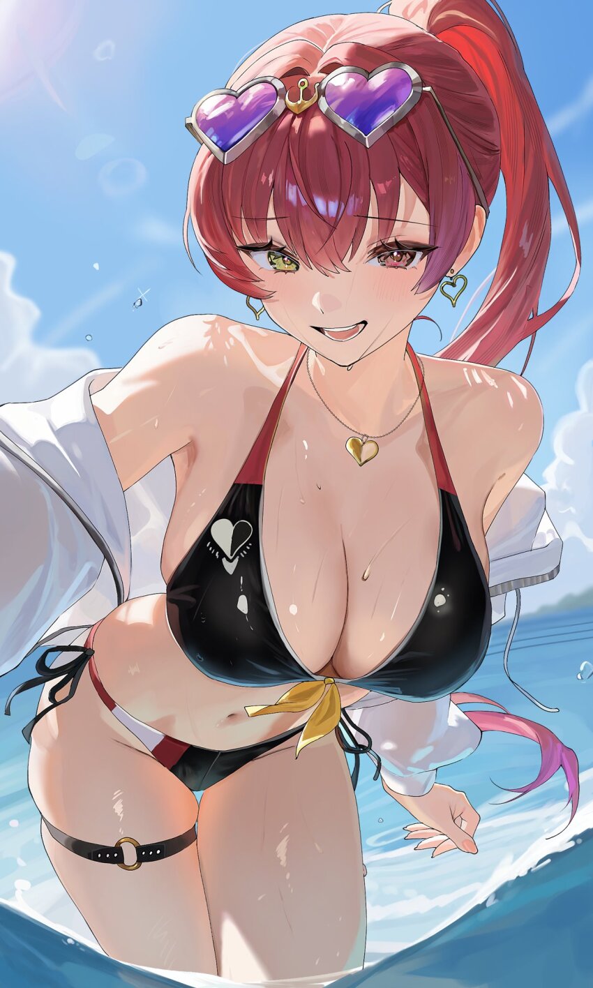 1girl bikini black_bikini blue_sky breasts cleavage cloud commentary day earrings eyewear_on_head halterneck heart heart-shaped_eyewear heart_earrings heart_necklace heterochromia highres hololive houshou_marine houshou_marine_(summer) iood jacket jewelry large_breasts long_hair necklace ocean open_mouth outdoors partially_submerged ponytail purple-tinted_eyewear red_eyes red_hair side-tie_bikini_bottom sky smile solo string_bikini sunglasses swimsuit symbol-only_commentary tinted_eyewear virtual_youtuber wet white_jacket yellow_eyes