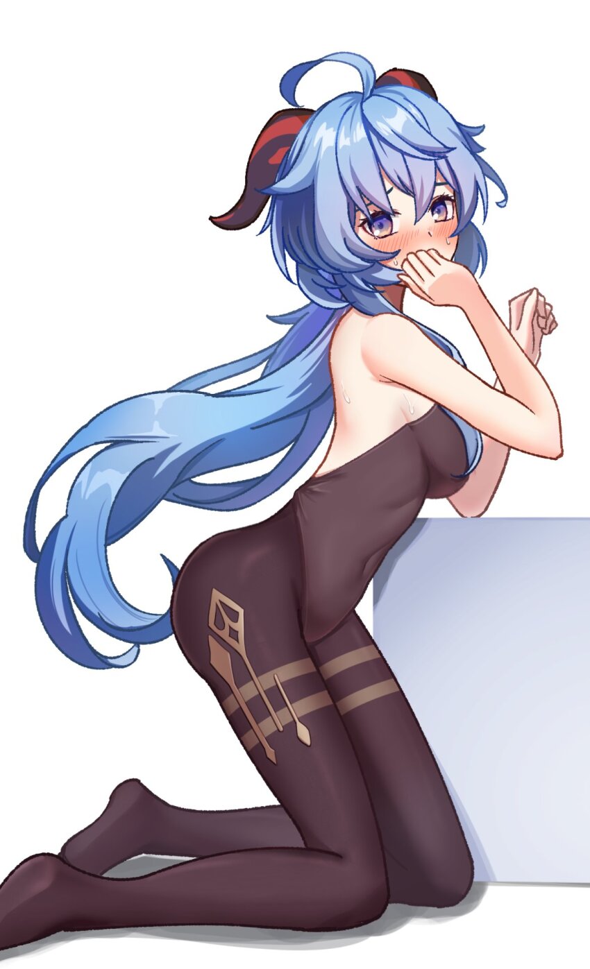 1girl ahoge backless_outfit bare_arms bare_shoulders black_leotard black_pantyhose blue_hair blush bodystocking bodystocking_only bodysuit breasts covered_navel covering_own_mouth detached_sleeves embarrassed from_side ganyu_(genshin_impact) genshin_impact highres hobio horns jewelry leotard leotard_under_clothes long_hair looking_at_viewer medium_breasts no_gloves no_shoes nose_blush pantyhose purple_eyes sidelocks sleeveless solo sweat thighlet thighs white_sleeves