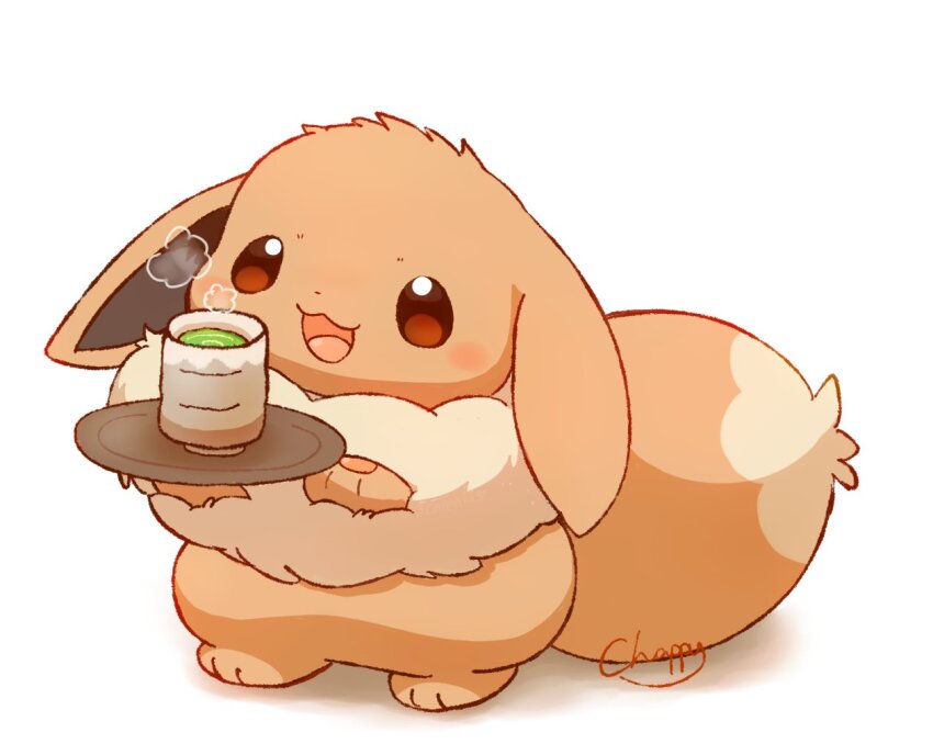 artist_name brown_eyes commentary_request cup eevee gen_1_pokemon green_tea mimix nintendo no_humans open_mouth pokemon pokemon_(creature) shadow simple_background smile solo standing tea white_background yunomi