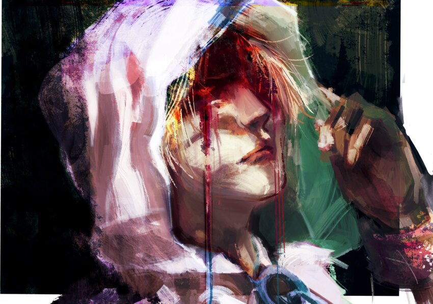 1boy bleeding blonde_hair blood bloody_tears brown_gloves chain choujin_x fingerless_gloves gloves glowing glowing_eyes higashi_azuma_(choujin_x) highres hood hood_up hoodie kyezzzz red_eyes solo white_hoodie x