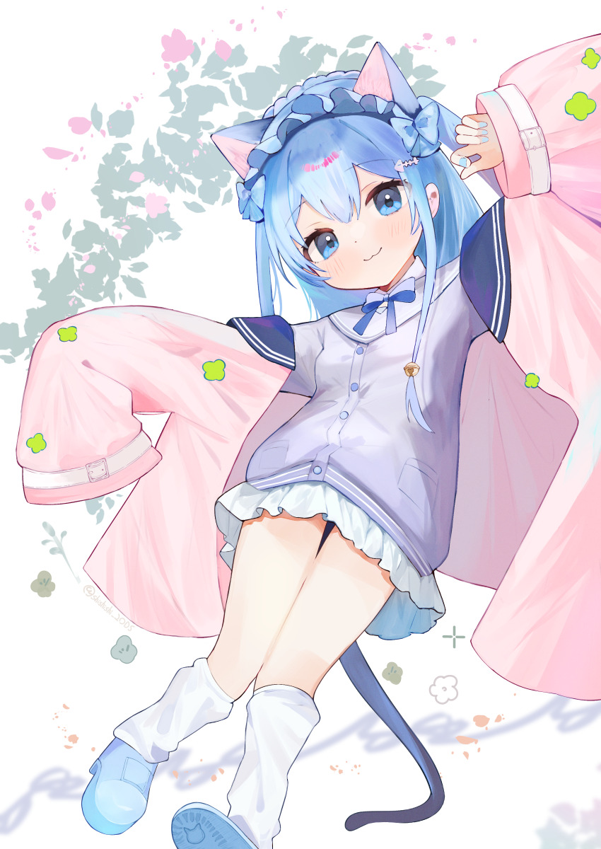 1girl absurdres animal_ears blue_eyes blue_hair cat_ears cat_tail closed_mouth coat fish_skeleton_hair_ornament frilled_hairband frills hairband highres long_sleeves looking_at_viewer loose_socks miniskirt open_clothes open_coat original pink_coat shishiodoshi skirt smile socks solo tail white_skirt