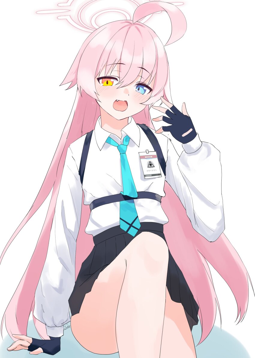 1girl absurdres ahoge black_gloves black_skirt blue_archive blue_eyes blush breasts collared_shirt dress_shirt fingerless_gloves gloves hair_between_eyes halo heterochromia highres hoshino_(blue_archive) loli long_hair long_sleeves looking_at_viewer necktie open_mouth pink_hair plaid_clothes plaid_skirt pleated_skirt s4ika shirt skirt small_breasts solo thighs white_shirt yellow_eyes