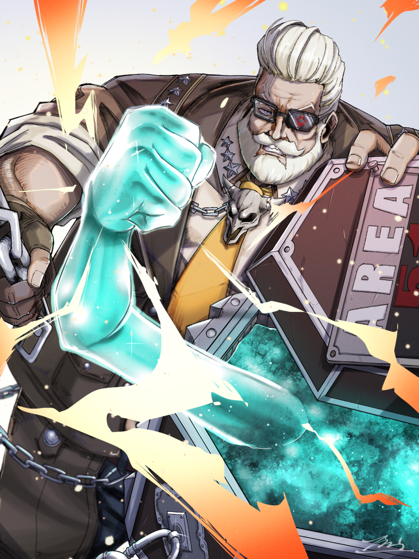 1boy absurdres animal_skull beard black-framed_eyewear chain clenched_hand facial_hair fat fat_man fingerless_gloves glasses gloves goldlewis_dickinson guilty_gear guilty_gear_strive highres jacket looking_at_viewer male_focus mature_male mustache nankou_(koutanan) necktie skull yellow_necktie