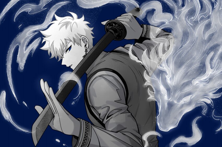 1boy alternate_costume blue_background blue_eyes blue_theme chinese_clothes dragon dsarl995595 ear_piercing earrings eastern_dragon fighting_stance fire from_side greyscale_with_colored_background hand_up highres holding holding_sword holding_weapon jewelry jian_(weapon) limited_palette long_sleeves looking_at_viewer looking_back lu_guang male_focus monochrome parted_lips piercing profile shiguang_dailiren shirt short_hair sideways_glance simple_background smoke solo spot_color sword upper_body vest weapon white_hair