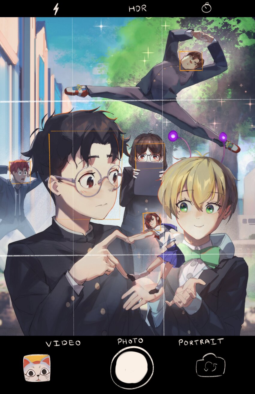 3boys 3girls absurdres antenna_hair ayase_momo dandadan enjoji_jin fake_phone_screenshot fake_screenshot heart heart_hands heart_hands_duo highres miniature multiple_boys multiple_girls phone sakata_kinta sawaki_rin shizu_(shizuillust) size_difference takakura_ken_(dandadan) turbo_granny_(dandandan) vamola_(dandadan)