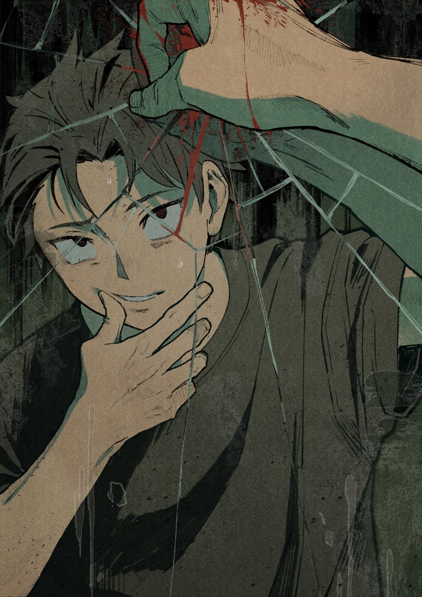 1boy black_eyes blood commentary_request crack cracked_glass glass highres iwamushi looking_up male_focus natsuki_subaru parted_lips re:zero_kara_hajimeru_isekai_seikatsu reflection shirt short_hair short_sleeves smile solo sweat t-shirt upper_body