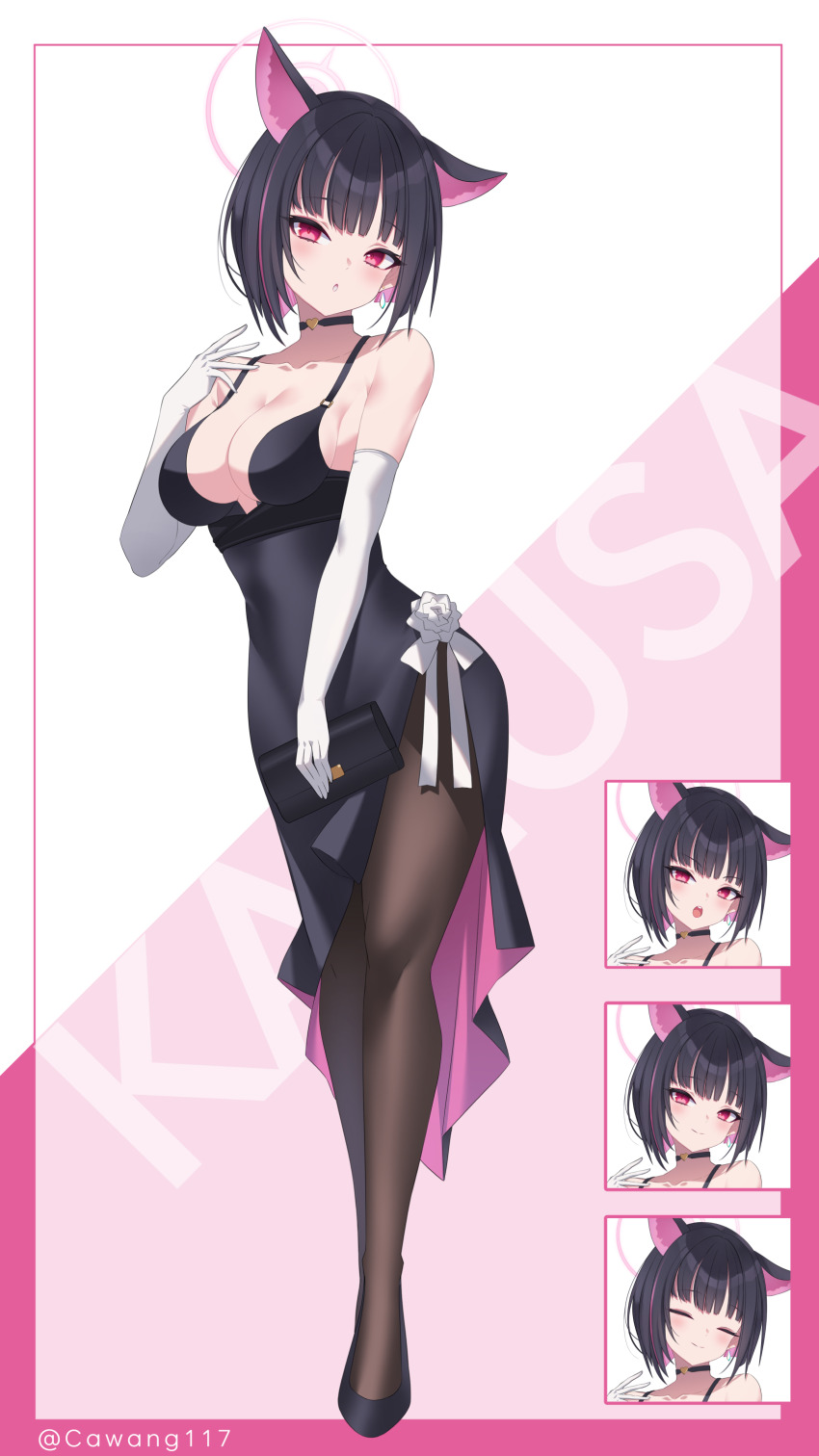 1girl absurdres alternate_costume animal_ears black_choker black_dress black_footwear black_hair black_pantyhose blue_archive blush breasts cat_ears cawang choker cleavage collarbone colored_inner_hair dress elbow_gloves extra_ears gloves halo highres kazusa_(blue_archive) medium_breasts multicolored_hair multiple_views open_mouth pantyhose pink_hair pink_halo red_eyes shoes short_hair twitter_username white_gloves