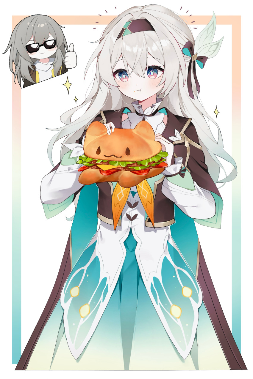 2girls absurdres black_coat black_hairband coat collared_shirt commentary_request cropped_jacket eating firefly_(honkai:_star_rail) food frilled_sleeves frills glasses green_skirt grey_hair hair_between_eyes hair_ornament hairband ham highres holding holding_food honkai:_star_rail honkai_(series) long_hair long_sleeves multicolored_eyes multiple_girls neckerchief nirako_mona open_clothes open_coat orange_neckerchief shirt simple_background skirt smile stelle_(honkai:_star_rail) thumbs_up trailblazer_(honkai:_star_rail) two-tone_eyes white_shirt