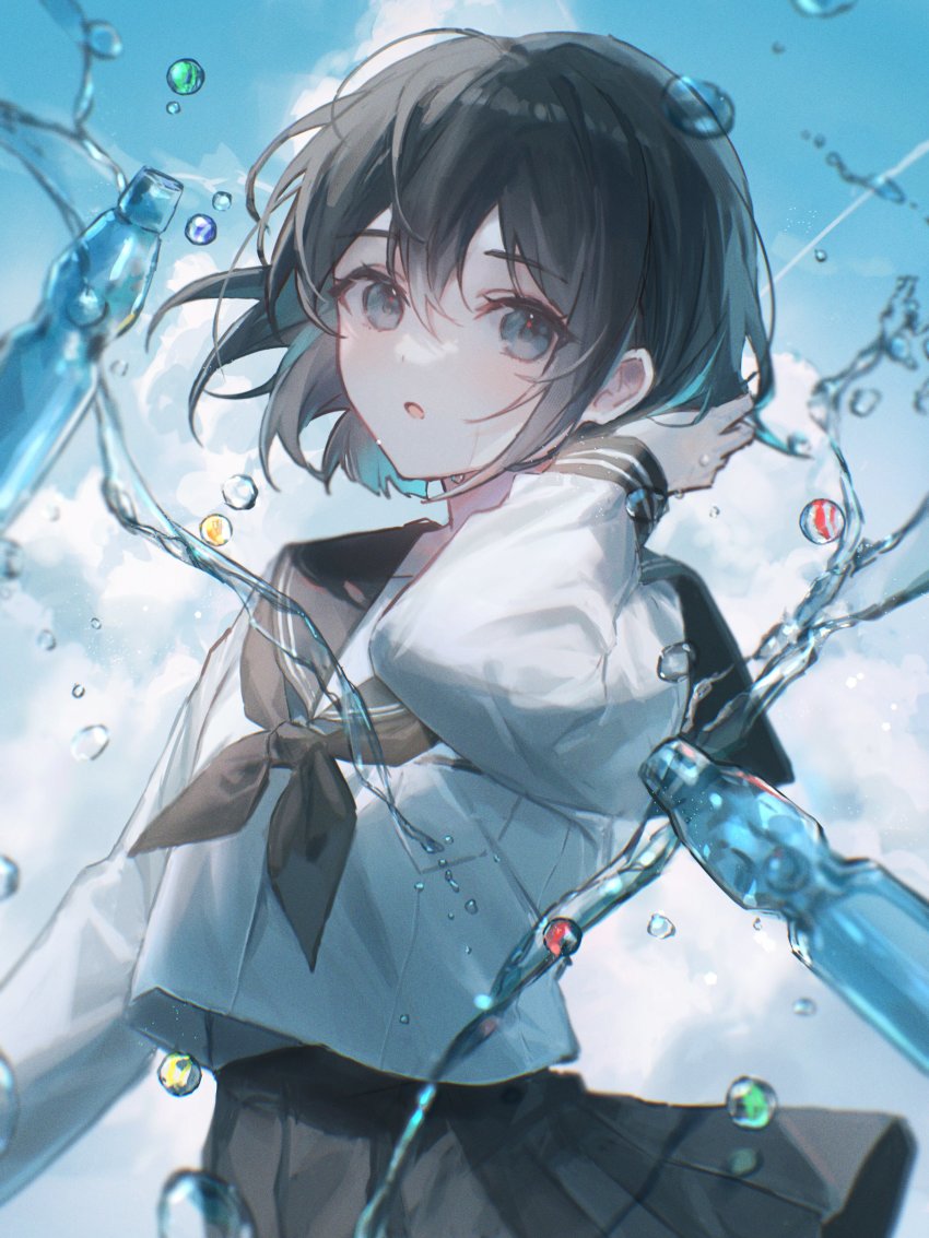 1girl :o absurdres black_hair black_neckerchief black_sailor_collar blue_eyes bottle commentary highres long_sleeves looking_at_viewer marble neckerchief original oyuyu parted_lips sailor_collar school_uniform serafuku shirt short_hair water water_bottle white_shirt