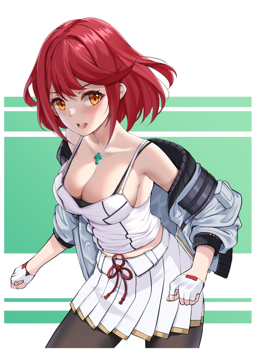 1girl :d bare_shoulders black_bra black_pantyhose blush bra breasts camisole chest_jewel cleavage cosplay cropped_legs fingerless_gloves gloves green_background highres jacket large_breasts long_sleeves looking_at_viewer matrix16 midriff_peek miniskirt mio_(xenoblade) mio_(xenoblade)_(cosplay) off_shoulder open_clothes open_jacket open_mouth orange_eyes pantyhose pleated_skirt pyra_(xenoblade) red_hair short_hair skirt smile solo two-tone_background underwear v-shaped_eyebrows white_background white_gloves white_jacket white_skirt xenoblade_chronicles_(series) xenoblade_chronicles_2 xenoblade_chronicles_3