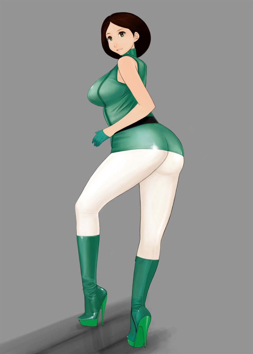 1girl ass bare_shoulders boots breasts brown_hair dress emma_sheen female_focus gloves green_eyes gundam high_heel_boots high_heels highres komii large_breasts looking_at_viewer pantyhose parted_lips shiny_clothes short_dress short_hair sideboob smile solo white_pantyhose zeta_gundam