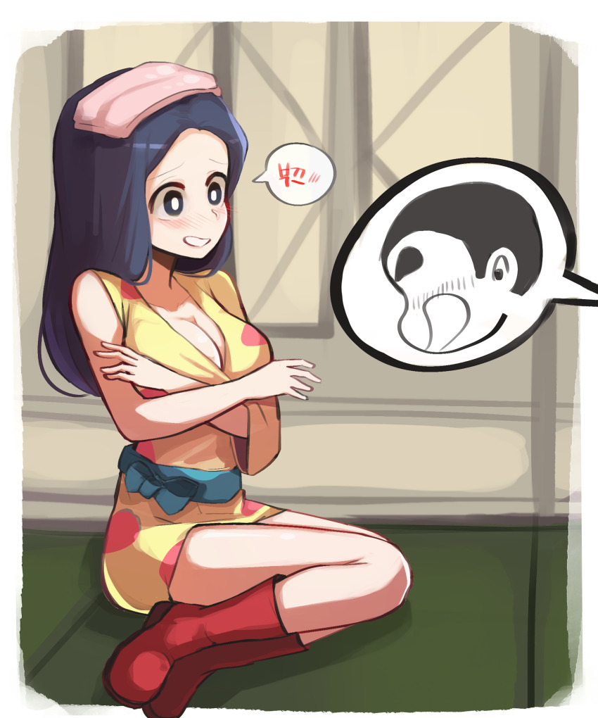 1girl absurdres bare_legs bare_shoulders belt black_eyes black_hair blush boots border breast_lift breasts bright_pupils cleavage cleavage_cutout clothing_cutout crayon_shin-chan dress highres hwaryeok ibusuki_(crayon_shin-chan) indoors large_breasts long_hair looking_to_the_side nohara_shinnosuke outside_border polka_dot polka_dot_dress red_footwear red_nails sitting sleeveless sleeveless_dress solo_focus towel towel_on_head white_border white_pupils yellow_dress