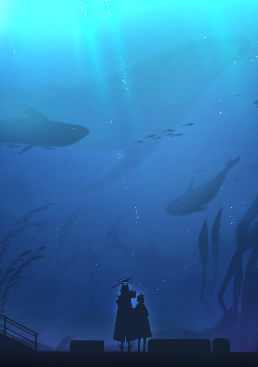 2girls absurdres aquarium blue_theme commentary english_commentary fish from_behind full_body halo highres hololive hololive_english indoors mechanical_halo meoniac multiple_girls ouro_kronii ouro_kronii_(1st_costume) standing virtual_youtuber watson_amelia watson_amelia_(1st_costume) whale