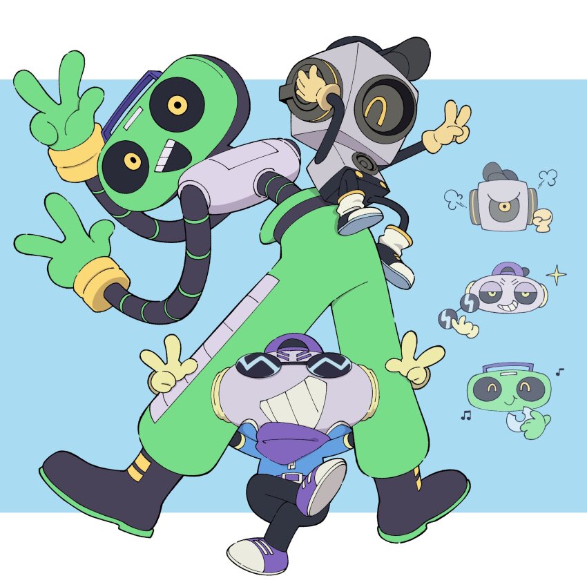 3boys :d ^_^ ankle_boots backwards_hat baseball_cap belt black_belt black_footwear black_hat black_pants blue_background blue_jacket boots cap&#039;n_(deltarune) cassette_player cd cd_player closed_eyes closed_mouth commentary crossed_legs deltarune double_w eating english_commentary fewer_digits from_behind full_body gloves green_gloves grey_pants grin hat highres holding holding_cd holding_removed_eyewear hood hooded_jacket humanoid_robot jacket k_k_(deltarune) legs_apart letterboxed looking_at_viewer looking_back luaudrey male_focus mechanical_arms multiple_boys musical_note object_head open_mouth outside_border pants purple_bandana purple_belt purple_footwear purple_hat robot short-sleeved_jacket short_sleeves simple_background sitting smile socks sparkle speaker sunglasses sweet_(deltarune) teeth unworn_eyewear upper_teeth_only w white_socks yellow_eyes yellow_gloves