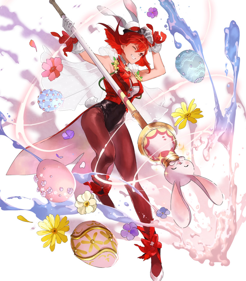 1girl breasts capelet egg female_focus fire_emblem fire_emblem:_mystery_of_the_emblem fire_emblem_heroes flower full_body gloves grin hat high_heels highres leotard matching_hair/eyes mayo_(becky2006) medium_breasts minerva_(fire_emblem) minerva_(spring)_(fire_emblem) mini_hat nintendo official_art one_eye_closed pantyhose polearm rabbit_tail red_eyes red_hair short_hair sleeveless smile solo tail transparent_background weapon white_footwear white_gloves wink