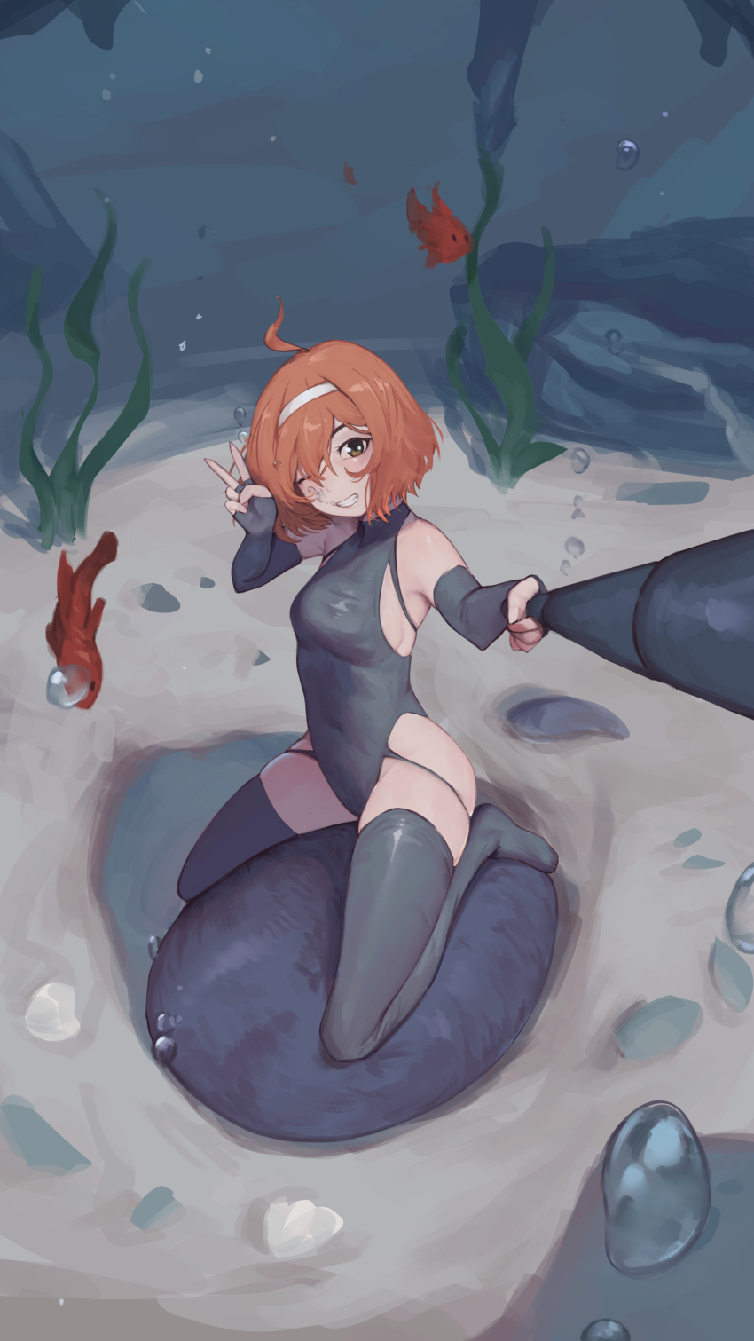 1girl absurdres antenna_hair armpits bare_shoulders black_gloves black_one-piece_swimsuit black_thighhighs bob_cut boulder breasts brown_eyes brown_hair bubble commentary elbow_gloves english_commentary fingerless_gloves fish full_body gloves grin hairband halterneck head_tilt highres kelp kneeling on_ground one-piece_swimsuit one_eye_closed original rock rou_(rou22) sand selfie selfie_stick small_breasts smile solo swimsuit thighhighs underwater v white_hairband