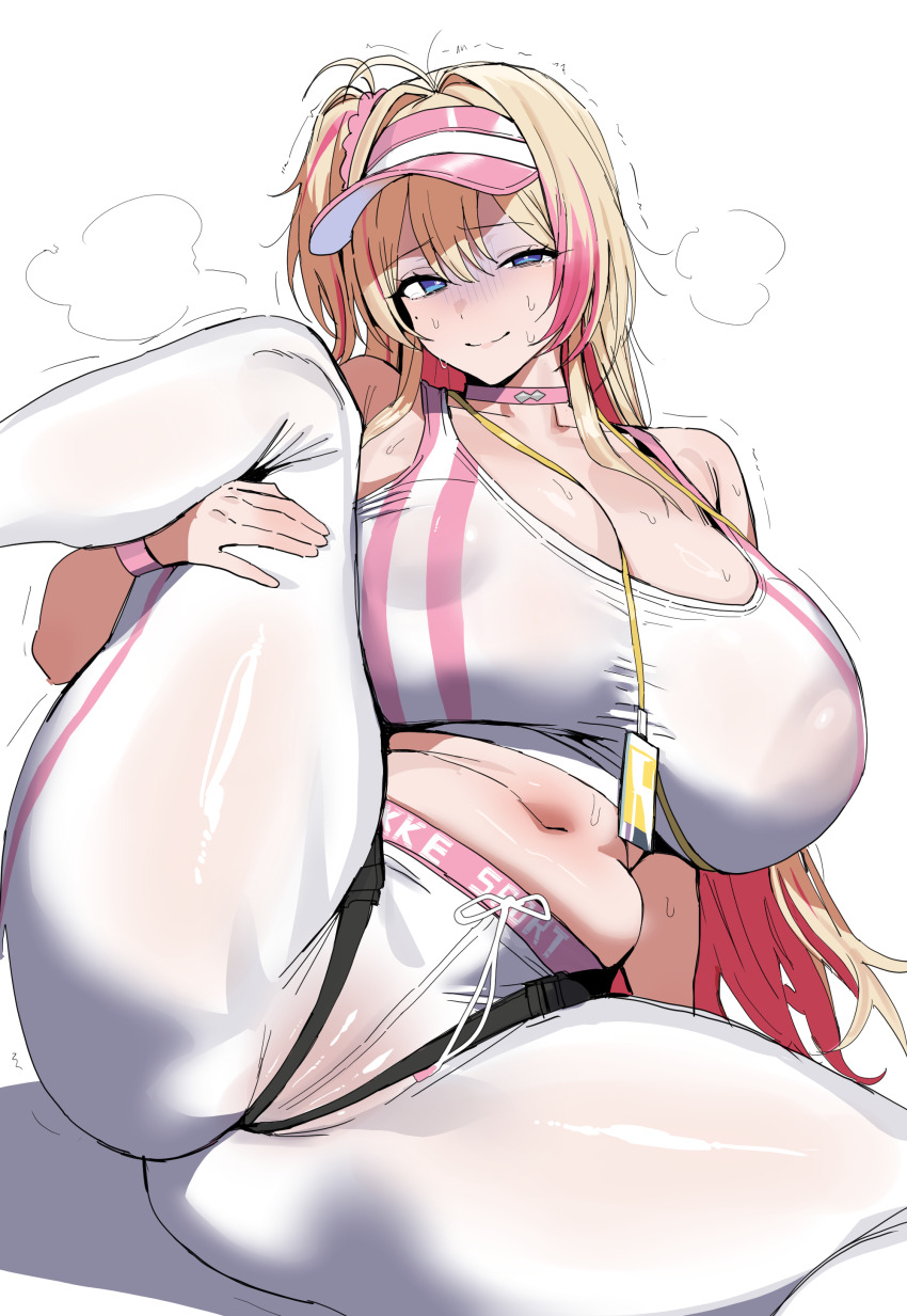 1girl absurdres blonde_hair blue_eyes breasts choker closed_mouth commentary covered_erect_nipples goddess_of_victory:_nikke hair_ornament hair_scrunchie highres huge_breasts lanyard leg_up liveryn_(nikke) looking_at_viewer mole mole_under_eye navel pants pink_choker pink_hair pink_scrunchie scrunchie shirt side_ponytail simple_background sitting smile solo spread_legs steaming_body sweat visor_cap white_background white_pants white_shirt xipa