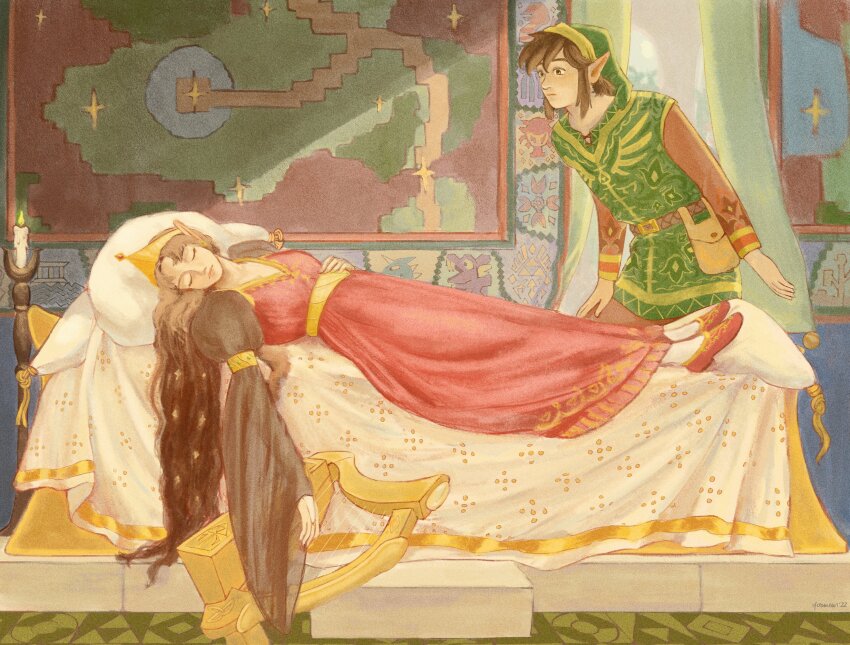 1boy 1girl adapted_costume bag brown_hair brown_shirt candle closed_eyes closed_mouth commentary crown curtains dress english_commentary fine_art_parody green_hat green_tunic harp hat highres instrument link long_dress lying manhandla map nintendo octorok on_back parody pillow pointy_ears princess_zelda puffy_sleeves red_dress red_footwear rope_(zelda) satchel shirt signature sleeping socks tassel the_legend_of_zelda tunic white_socks yasmeen zelda_ii:_the_adventure_of_link